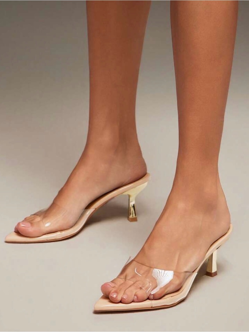 Ladies Clear Strap Nude Kitten Heel Mules